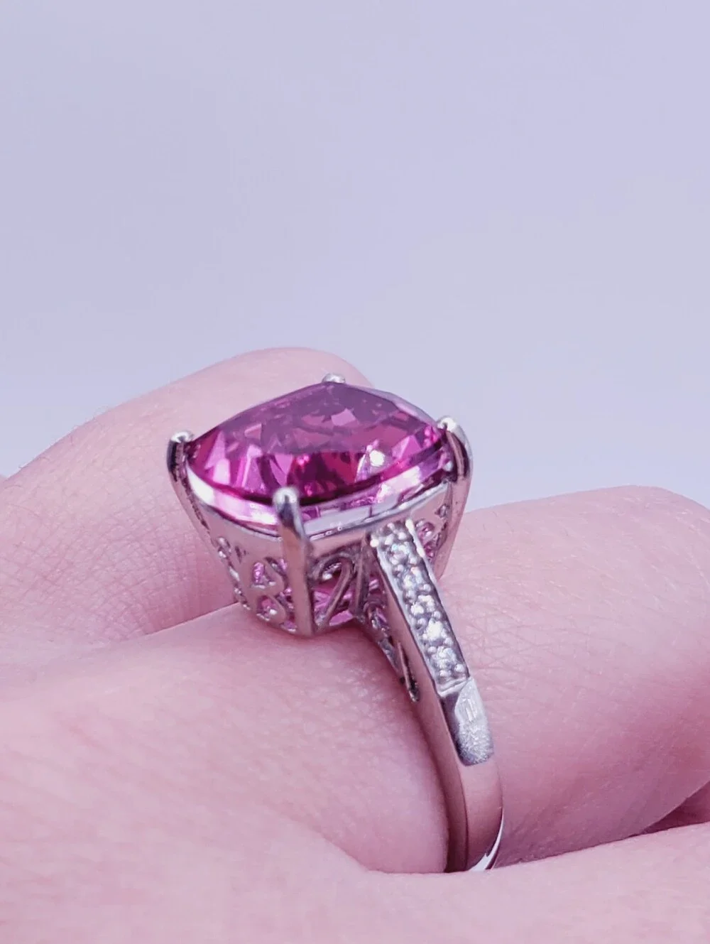 Cushion Pink Quartz & White Zircon Halo Bridal Wedding Ring Set Platinum - 925
